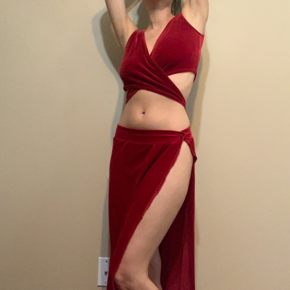 Red Velvet Wrap Crop Top, Maxi Skirt High Slit, Matching Coord Set - Picture 1 of 4